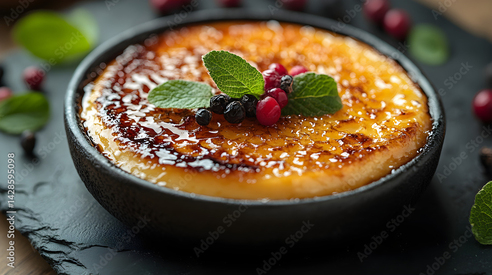Creme Brulee presented on a black textured surface with elegant side garnishing