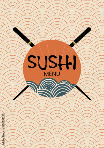 Vector banner or menu with bold 'Sushi' typography and chopsticks. Ocean wave background enhances Japanese theme. Ideal for restaurant branding and  packaging modern design.