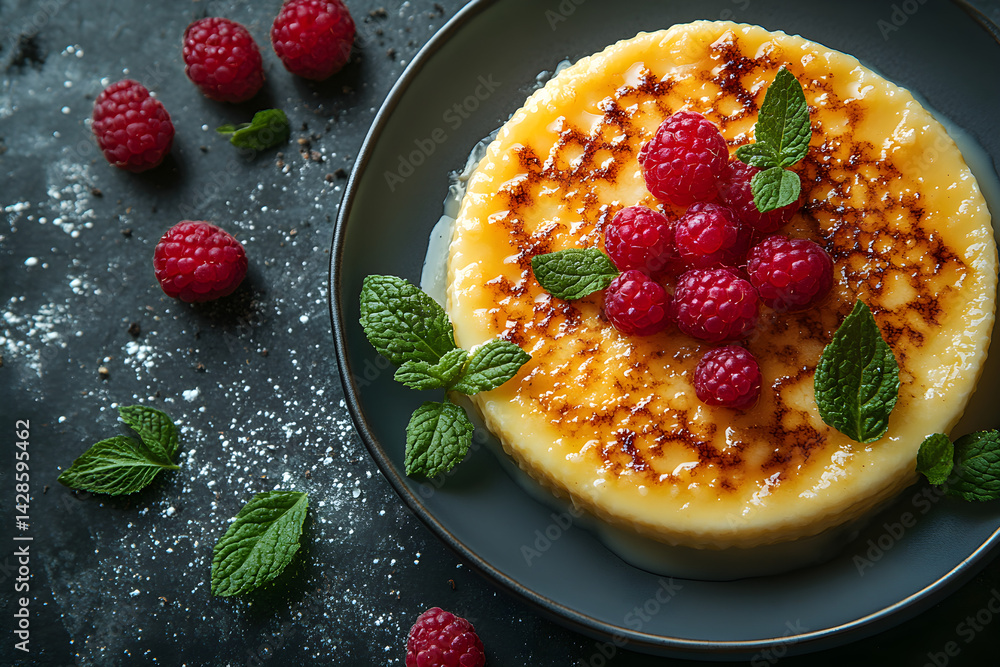 Creme Brulee styled on dark grey background with clean plating and props