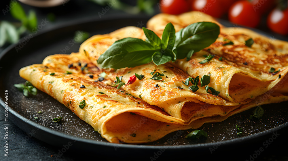 Crepes served on dark grey textured plate with fresh garnish top view