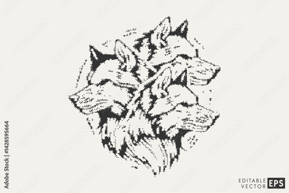 Obraz premium Triple Wolf Pixel Heads