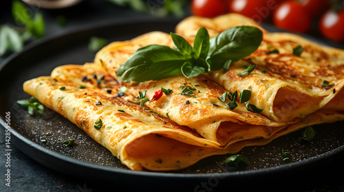 Obraz na płótnie Crepes served on dark grey textured plate with fresh garnish top view w salonie