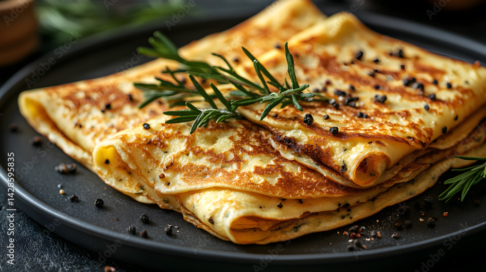 Crepes served on dark grey textured plate with fresh garnish top view