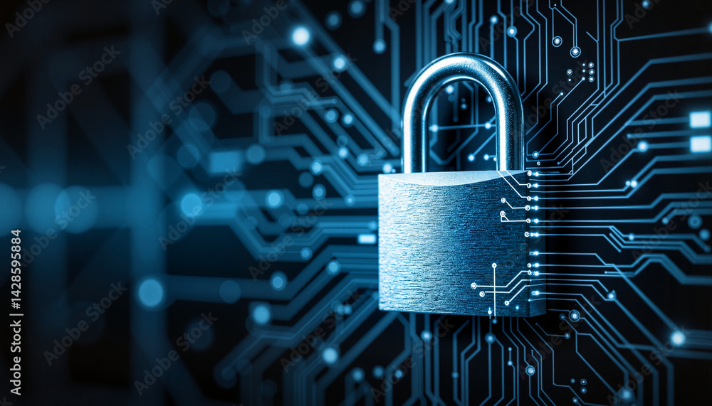 Digital padlock symbolizing cybersecurity on circuit background Digital padlock symbolizing cybersecurity on circuit background