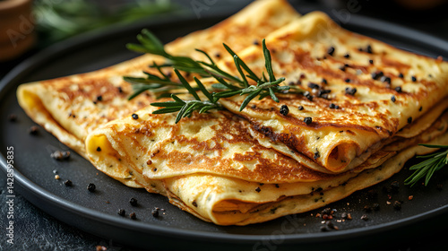 Obraz na płótnie Crepes served on dark grey textured plate with fresh garnish top view w salonie