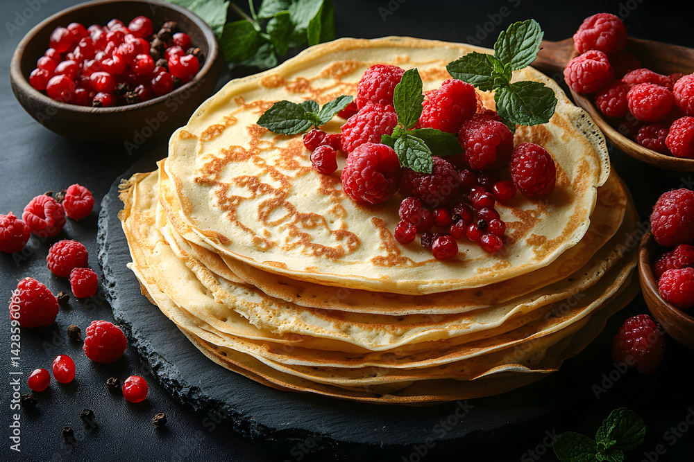 Crepes styled on rustic black stone table with side ingredients