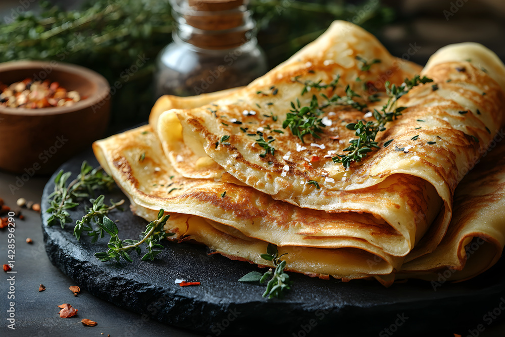 Crepes styled on rustic black stone table with side ingredients