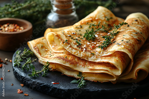 Obraz na płótnie Crepes styled on rustic black stone table with side ingredients w salonie