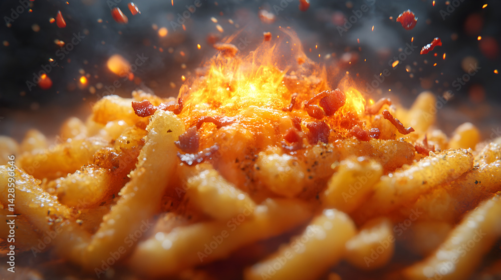 Crinkle cut fries piled high with cheese and bacon bits