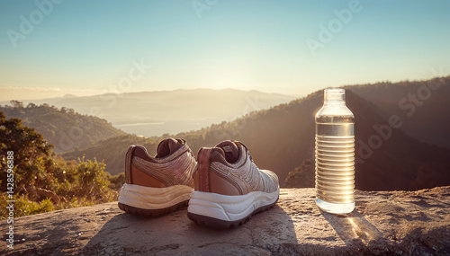Pair of sneakers and bottle placed on mountain trail, lit by a warm sunrise. Perfect for depicting adventure, fitness, hiking, and rejuvenation in nature setting. Brilliant choice for health themes