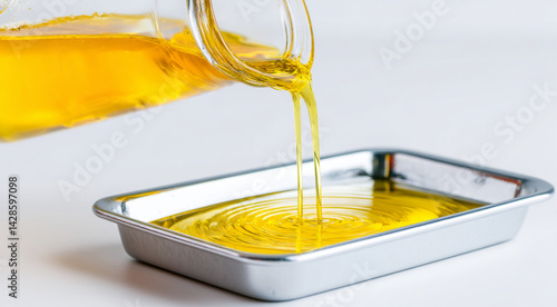 Obraz na płótnie A close-up shot shows a thick, yellow liquid being poured from a metal container into a rectangular metal tray, creating a swirling pattern upon impact with copy space for text w salonie