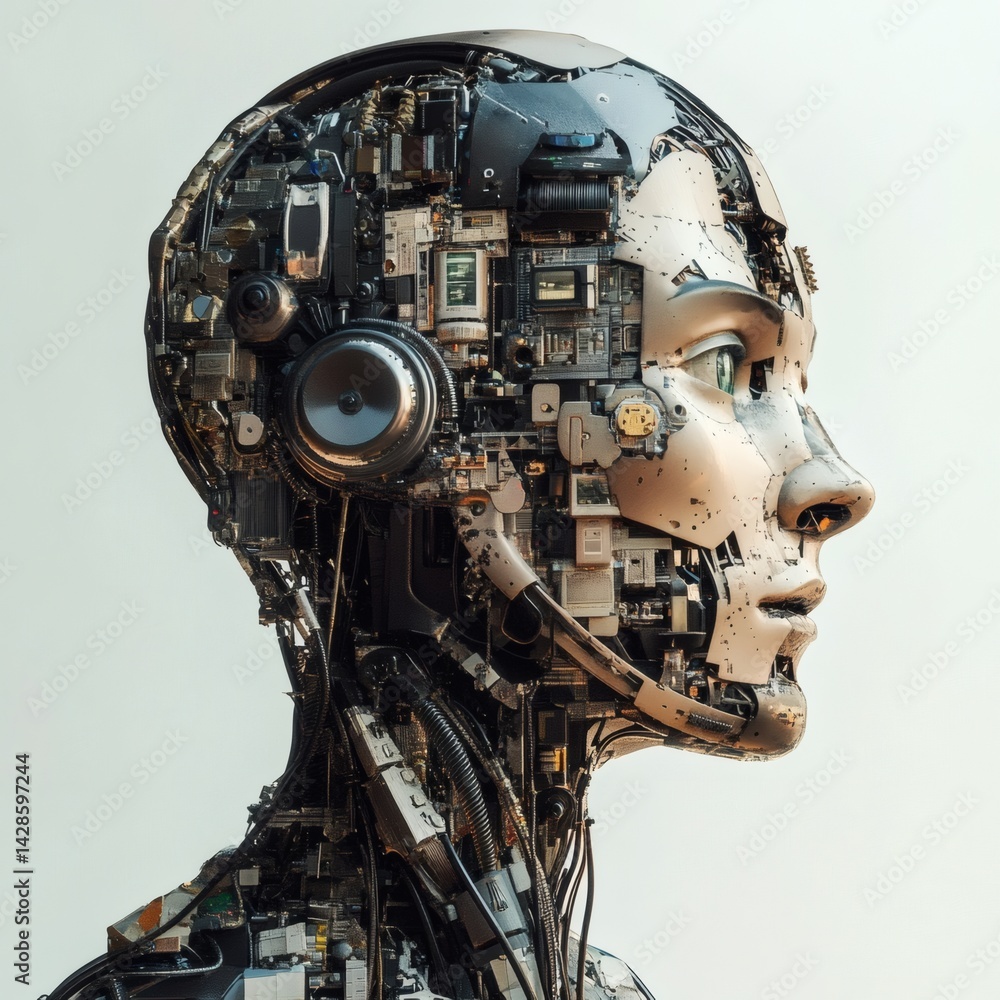 Fototapeta premium Detailed profile view of a futuristic mechanical head.