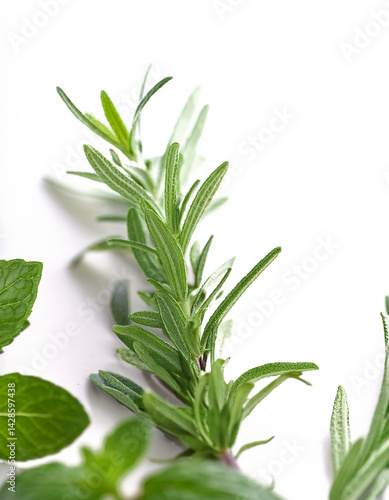 Fresh green rosemary leaves on a crisp white background, perfect for culinary, herbal, and natural-themed projects