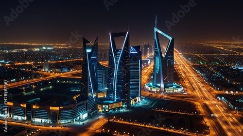 Night panorama of modern business district in Riyadh, Saudi Arabia. Aerial view city skyline with illuminated skyscrapers, highways, modern architecture.