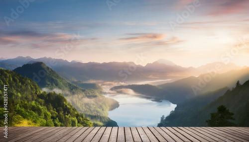 Tranquil mountain landscape featuring a wooden deck and pristine lake surrounded by forests