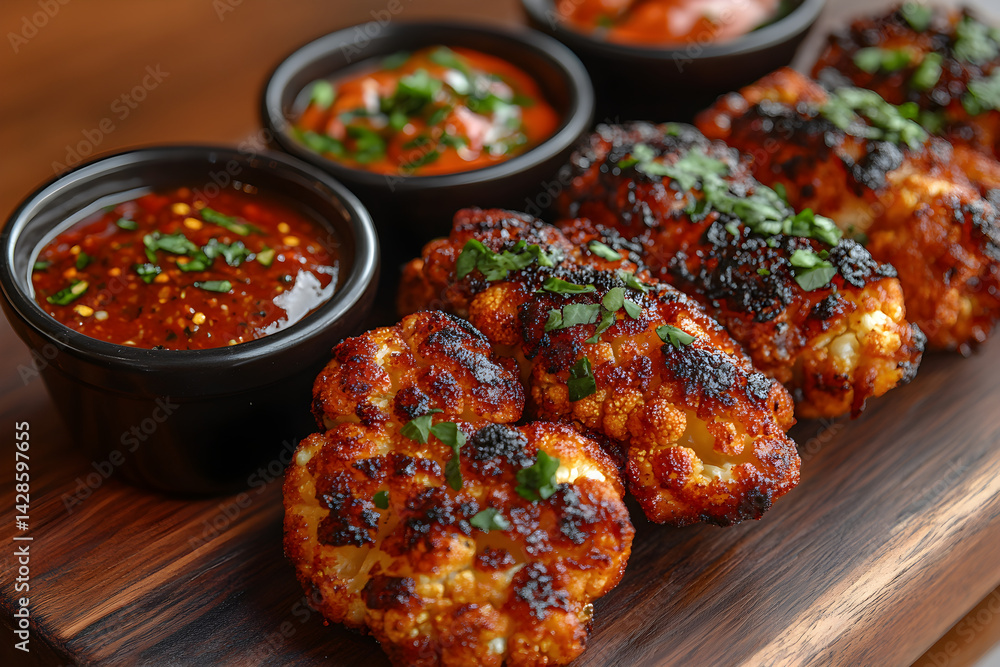 Crispy cauliflower wings with dipping sauces served on a rustic board