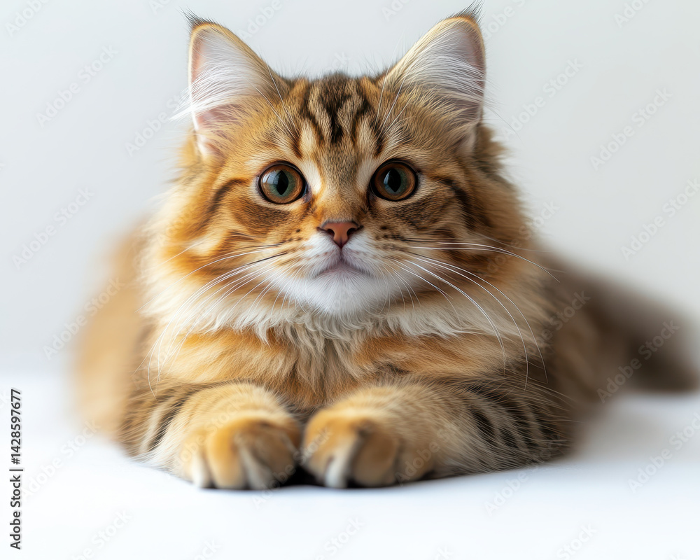 Obraz premium portrait of a fluffy tabby cat with long whiskers isolated on a white background showing vivid fur detail