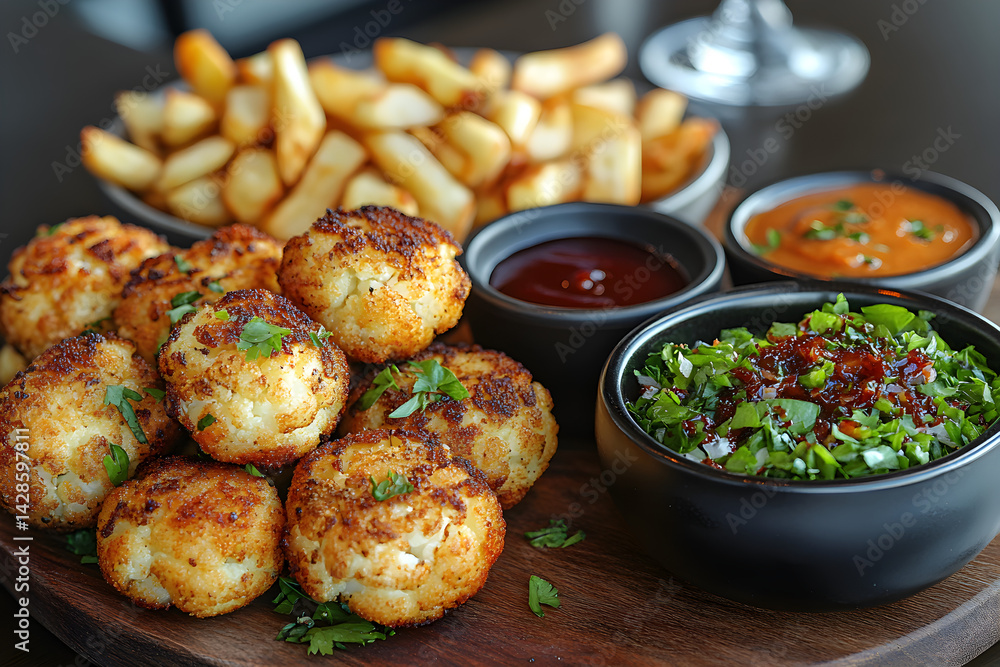 Crispy cauliflower wings with dipping sauces served on a rustic board