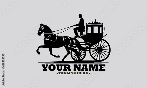 illustration of a classic horse-drawn carriage with a formally dressed driver. Transportation concept, horse carriage silhouette vector illustration isolated and logo horse carriage design