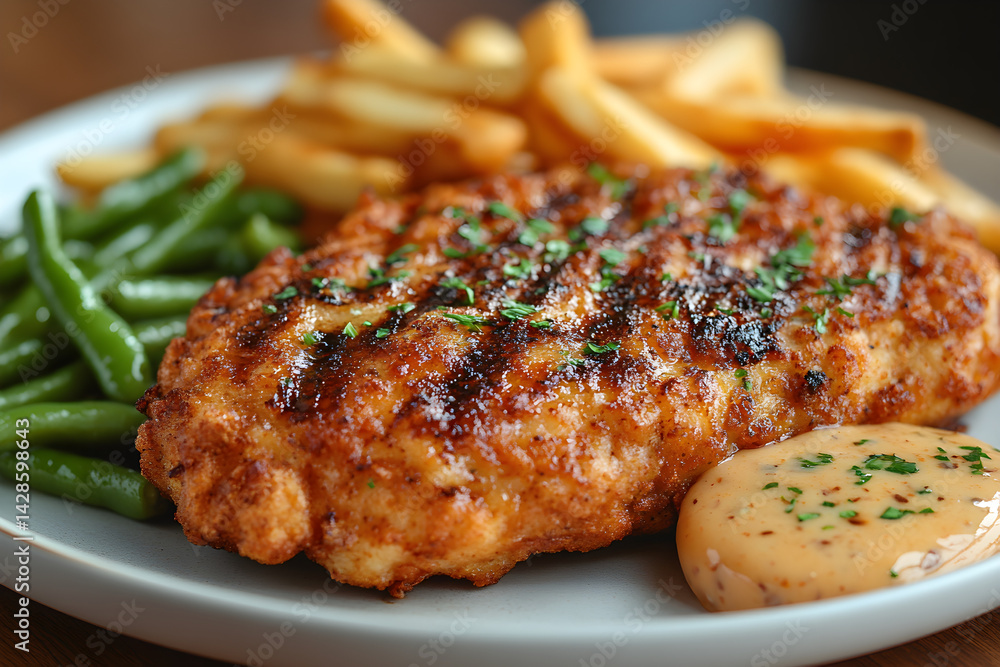 Crispy chicken fried steak served with a side of green beans and fries