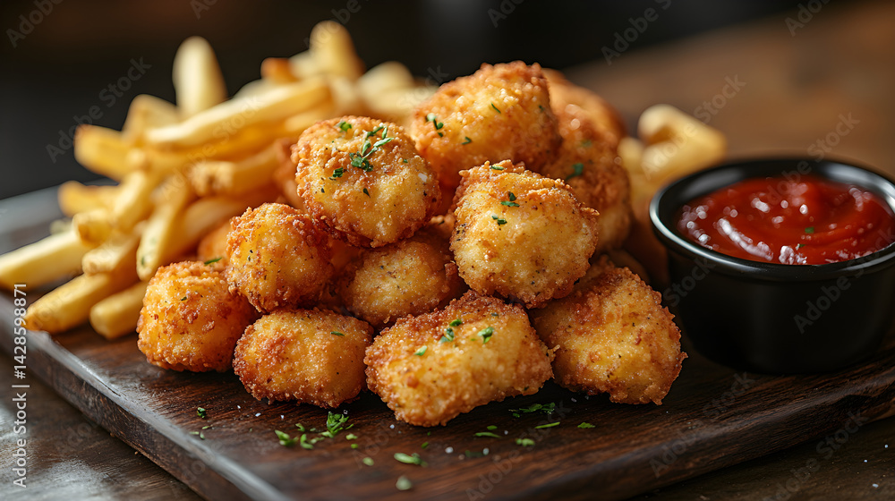Crispy chicken nuggets served with dipping sauces and golden fries