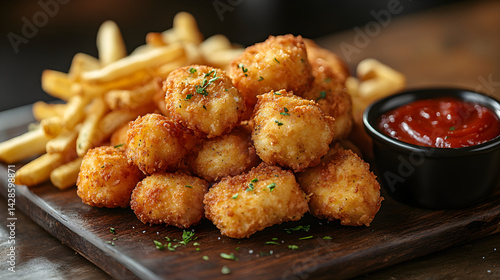 Obraz na płótnie Crispy chicken nuggets served with dipping sauces and golden fries w salonie