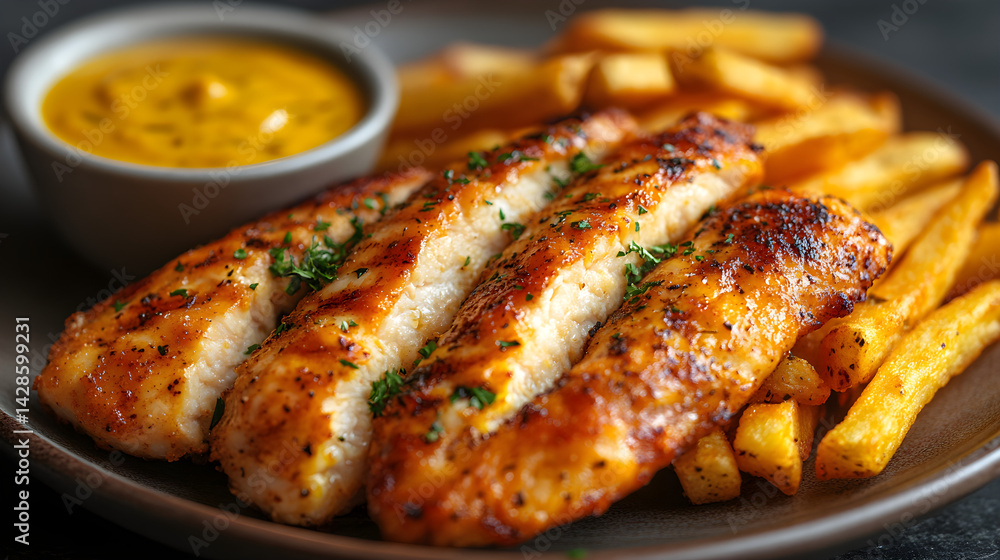 Crispy chicken tenders with honey mustard dipping sauce and a side of fries