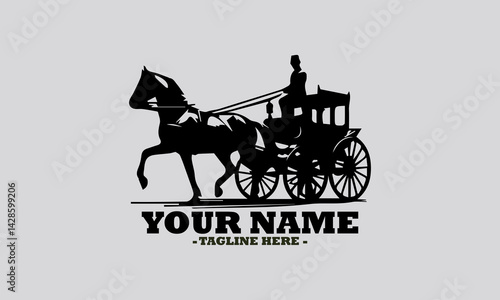 illustration of a classic horse-drawn carriage with a formally dressed driver. Transportation concept, horse carriage silhouette vector illustration isolated and logo horse carriage design