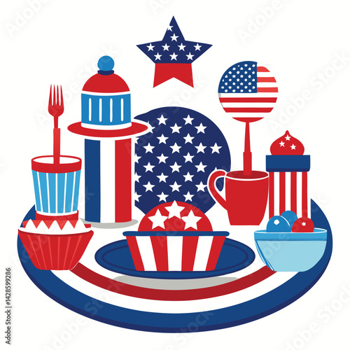 American patriotic tableware set  vector isolated on white background