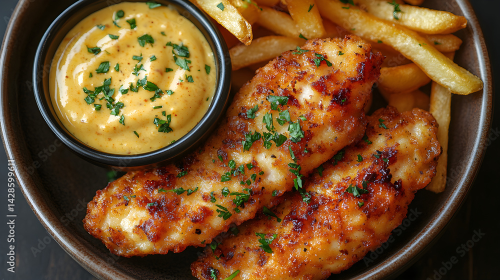 Crispy chicken tenders with honey mustard dipping sauce and a side of fries