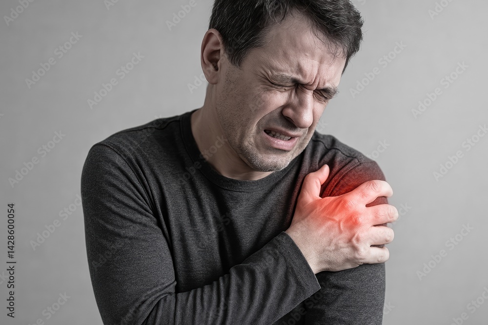 Shoulder joint pain, man with severe ache as symptom of osteoarthritis