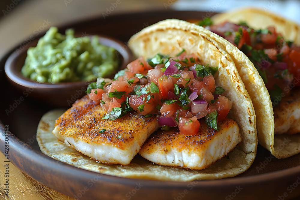 Crispy fish tacos topped with fresh salsa and a side of guacamole