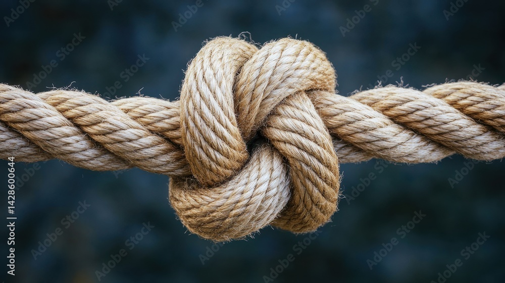 Close up of a thick, tan rope tied tightly in an overhand knot. Illustrates connection, strength, commitment and overcoming challenges. Close up of a thick, tan rope tied tightly in an overhand knot. Illustrates connection, strength, commitment and overcoming challenges.