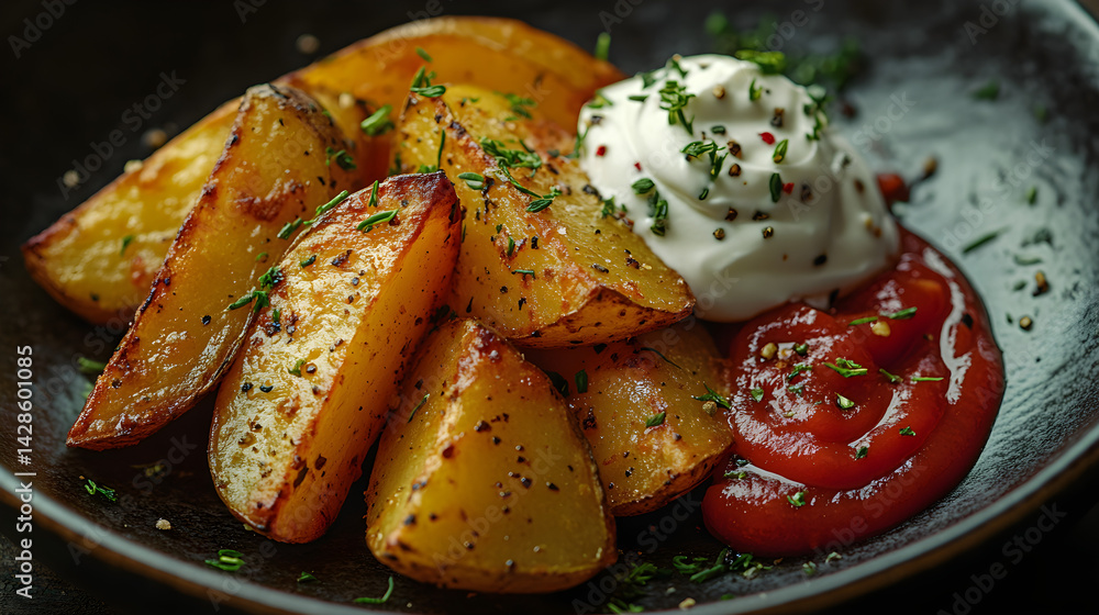 Crispy potato wedges served with ketchup and sour cream on a rustic plate