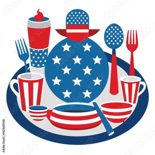 American patriotic tableware set  vector isolated on white background