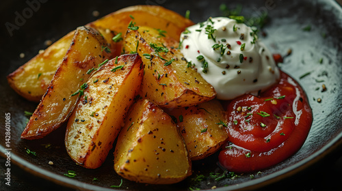 Obraz na płótnie Crispy potato wedges served with ketchup and sour cream on a rustic plate w salonie