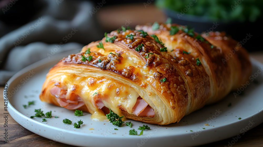 Croissant filled with ham and melted cheese on a white plate
