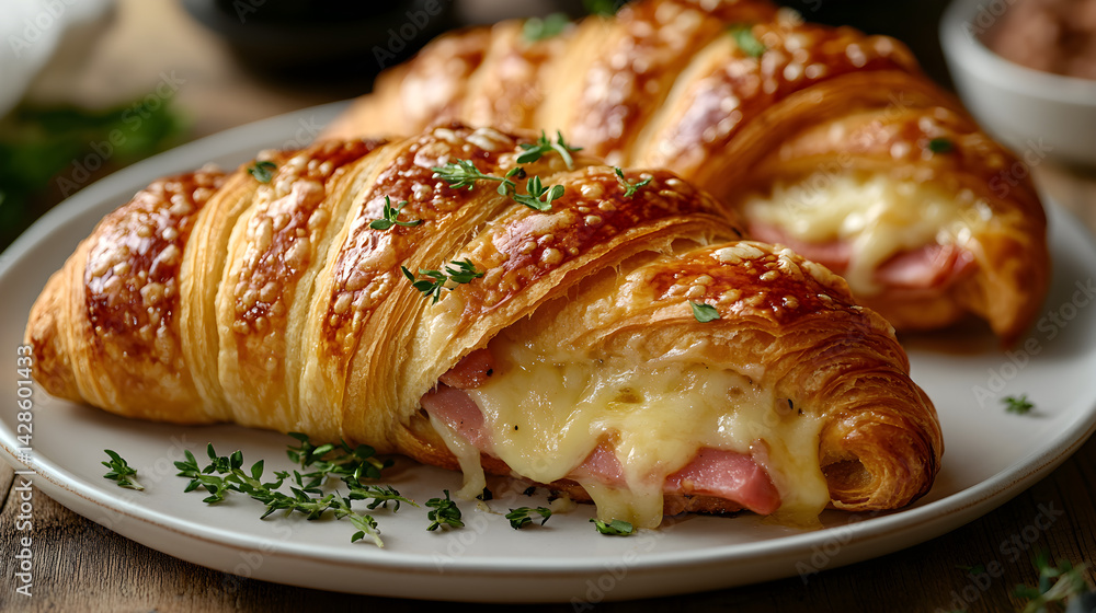 Croissant filled with ham and melted cheese on a white plate