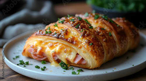 Obraz na płótnie Croissant filled with ham and melted cheese on a white plate w salonie