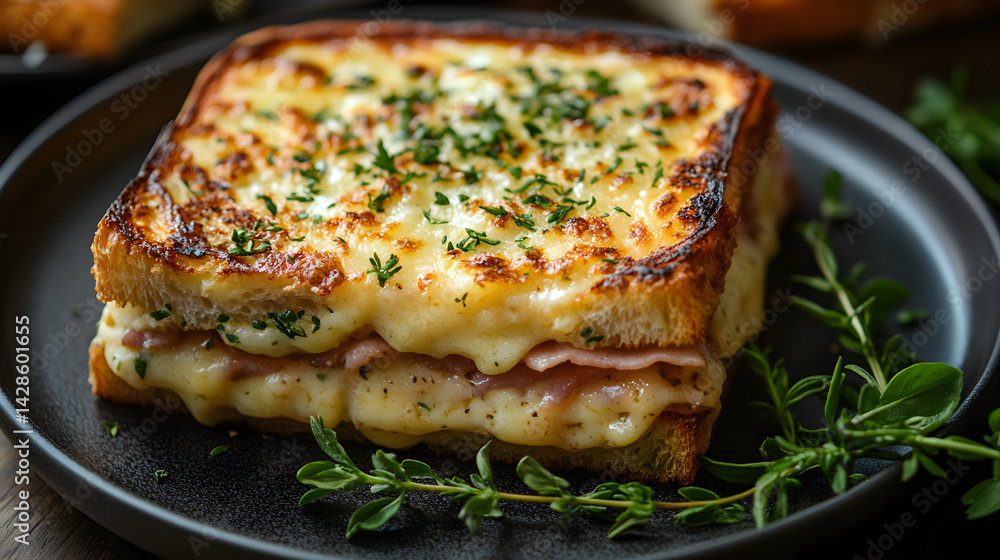 Croque Monsieur served on dark grey textured plate with fresh garnish top view