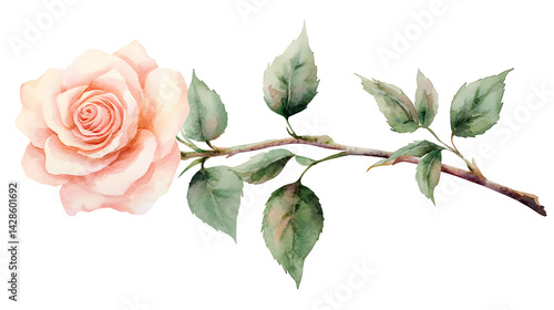 A watercolor painting of a pink rose with green leaves