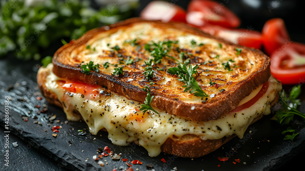 Croque Monsieur served on dark grey textured plate with fresh garnish top view