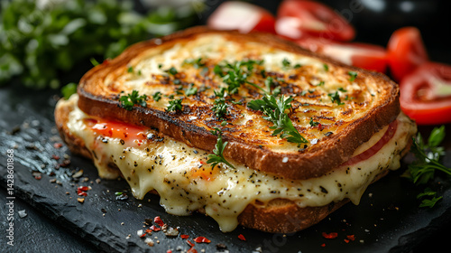 Obraz na płótnie Croque Monsieur served on dark grey textured plate with fresh garnish top view w salonie
