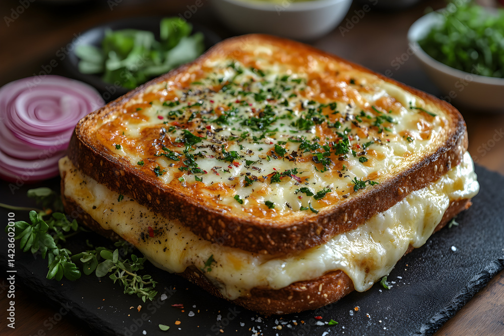 Croque Monsieur styled on rustic black stone table with side ingredients