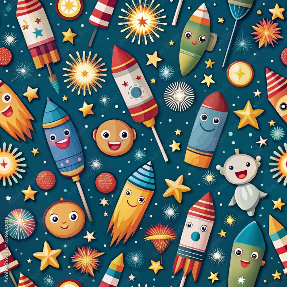 Fun Fireworks and Rockets Pattern Fun Fireworks and Rockets Pattern