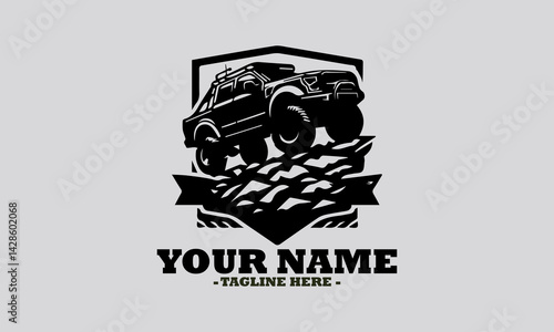 silhouette illustration of a powerful off-road pickup truck navigating a rugged rocky terrain with a decorative banner. Off road car logo icon design illustration and off road car vector logo design