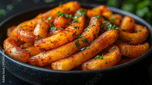 Curly fries seasoned with spices served on a black plate