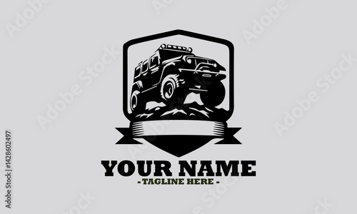 silhouette illustration of a powerful off-road pickup truck navigating a rugged rocky terrain with a decorative banner. Off road car logo icon design illustration and off road car vector logo design