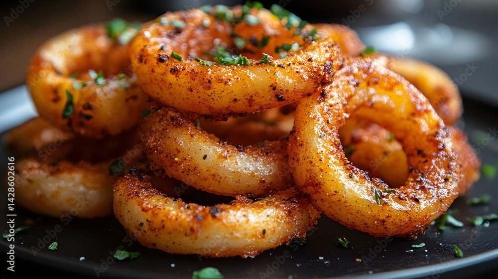 Curly fries seasoned with spices served on a black plate