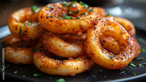 Curly fries seasoned with spices served on a black plate